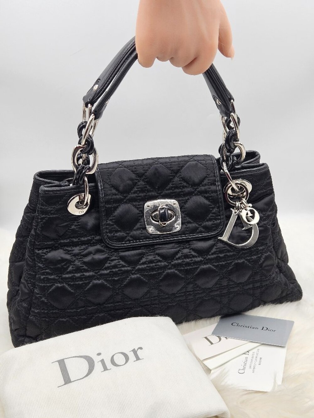 Christian Dior  Black Nylon Cannage Quilted Charming Lock Flap Shoulder Bag